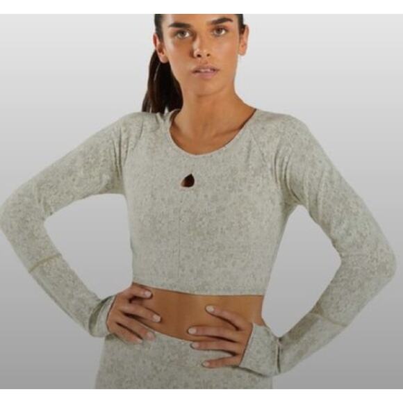 Gymshark Fleur Texture Long Sleeve Crop Keyhole Top XS Khaki Marl Thumbholes - Picture 1 of 9
